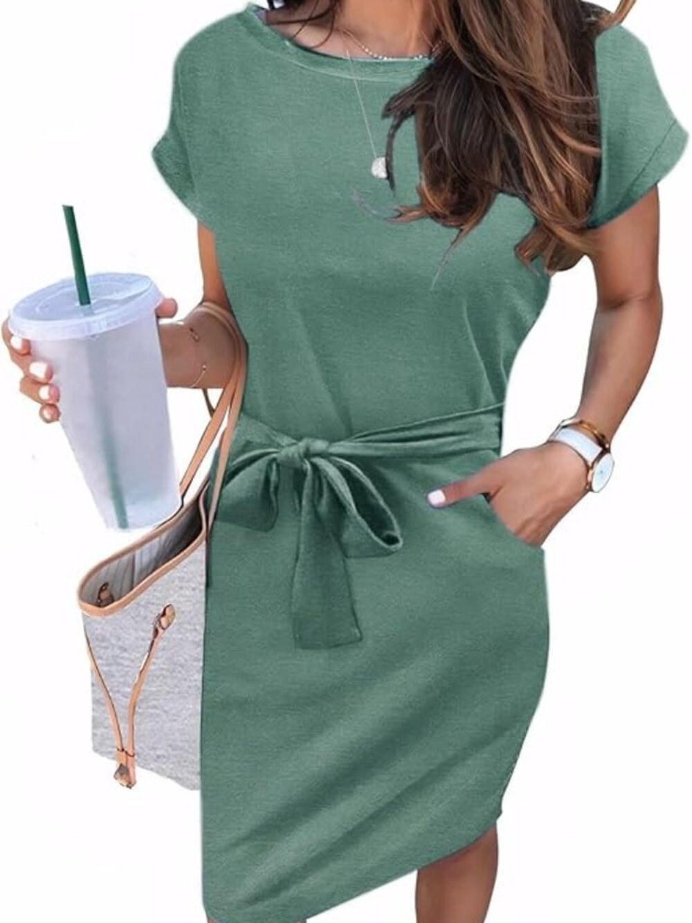 Arolina Sage Green Short Sleeve Tie Waist Midi T-Shirt Dress with Pockets XL